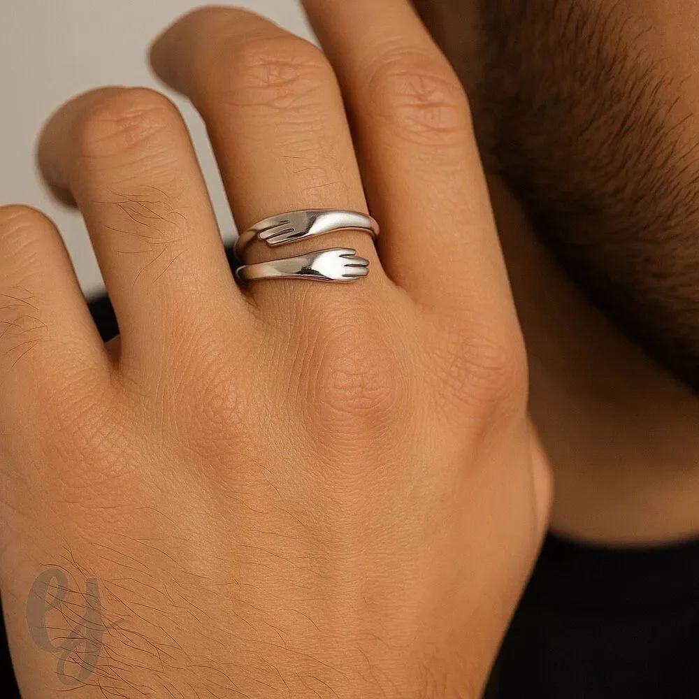 Hugging Hands Adjustable Ring Set – 2 Silver Tone Rings - Picture 4 of 7